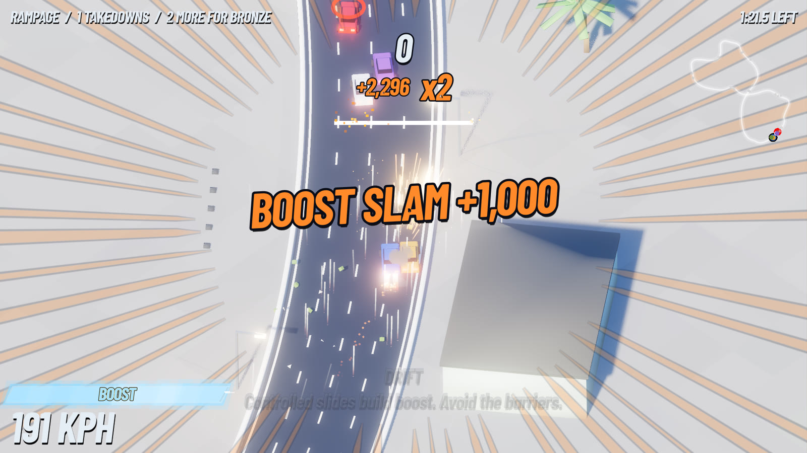 Rampage mode on Palm Coast: the player slams a rival in front of the container stacks, the HUD counting takedowns